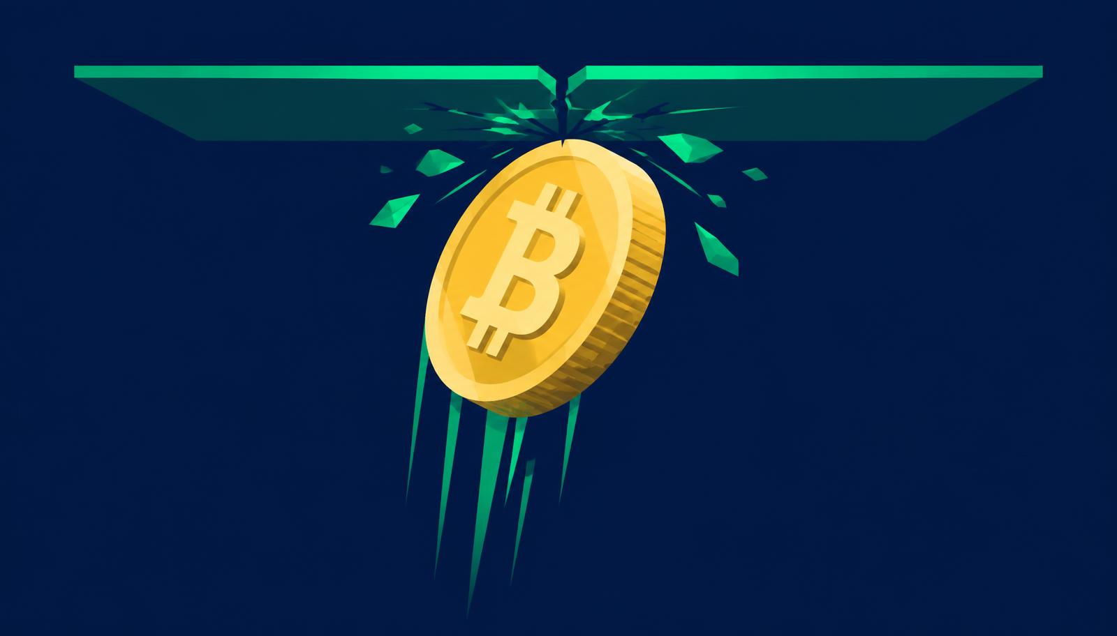 A gold bitcoin coin cracking against an emerald ceiling on a navy background