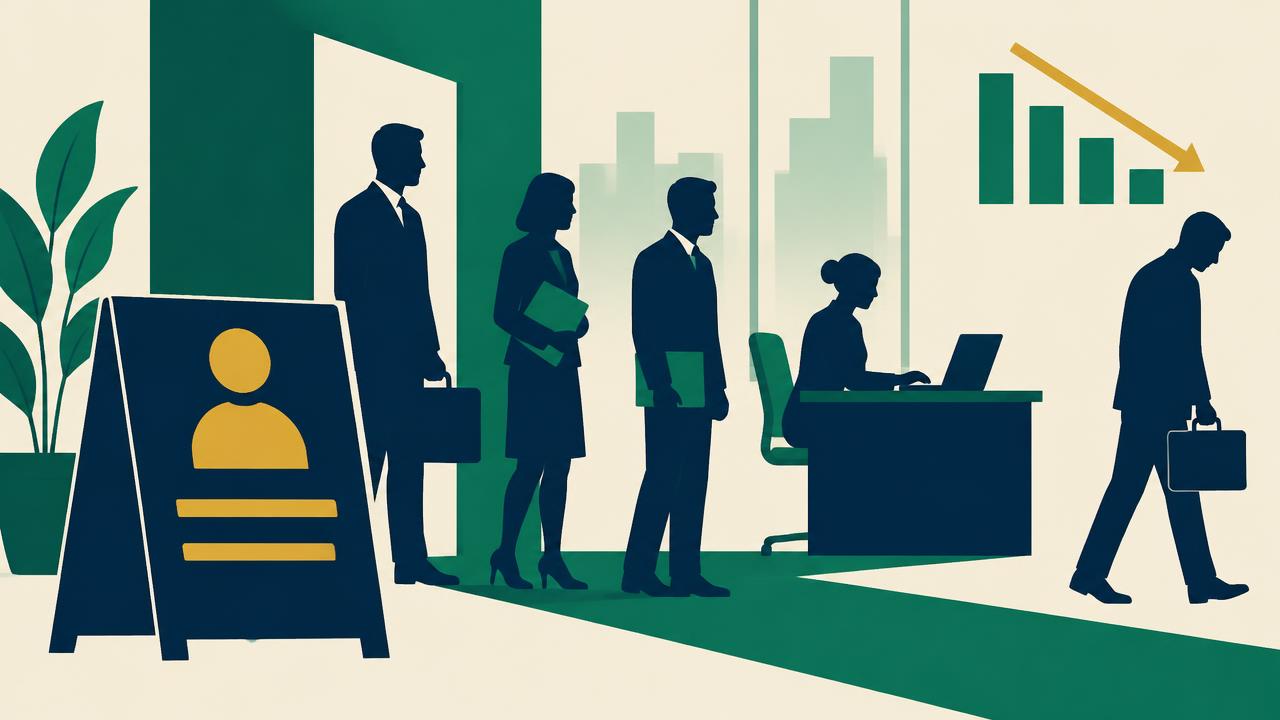 Illustration of job seekers in an office beside a falling bar chart