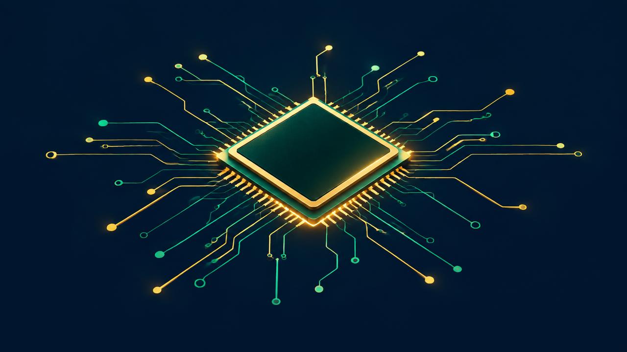 Illustration of a glowing microchip with emerald and gold circuit lines