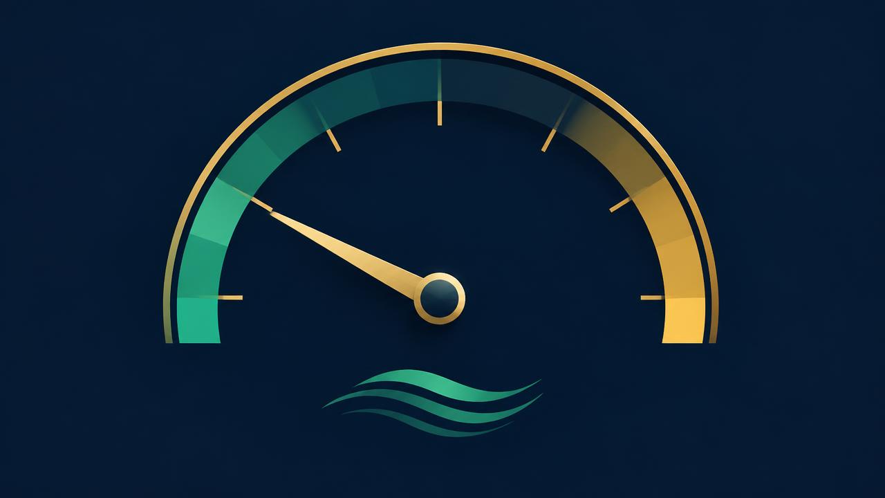 Illustration of a gauge needle pointing toward the calm end of the dial